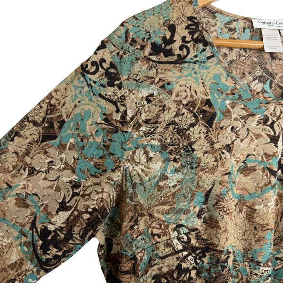Coldwater Creek Womens Floral Print Top 1X Brown Teal V-Neck Polyester Stretch - Picture 4 of 9